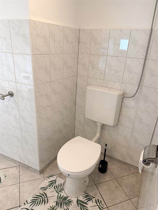 WC mit Duschbereich und gefliesten Wänden