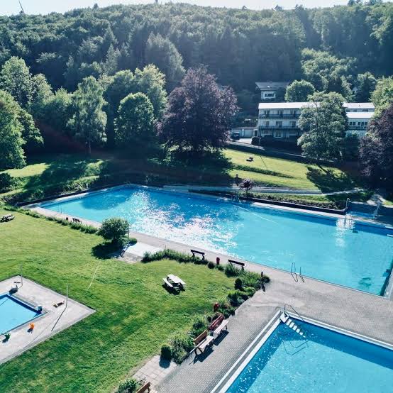 Freibad mit großem Becken und Liegewiese am Waldrand, von oben gesehen